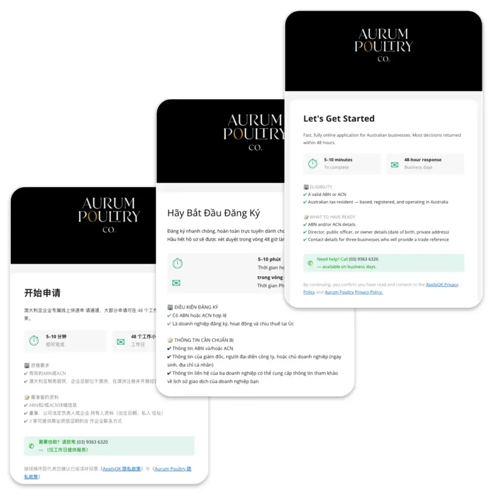 Three mobile screenshots showing the Aurum Poultry digital credit application form translated into English, Mandarin, and Vietnamese.